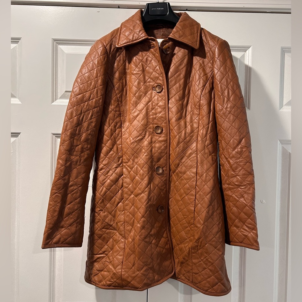 Neiman Marcus Exclusive quilted Lamb Leather jacket brown button down Size Large